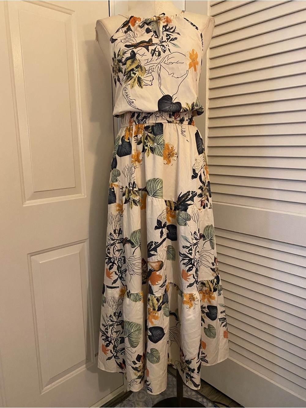 Cream Floral Tiered Midi Dress with Green and Yellow Accents- Size Medium